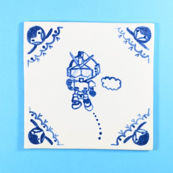 Gundam inspired hand painted Delft Blue tile - Picture 1 of 8
